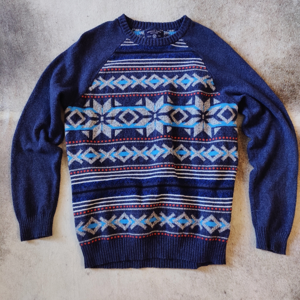 American Eagle Outfitters Blue Patterned Crewneck Sweater
